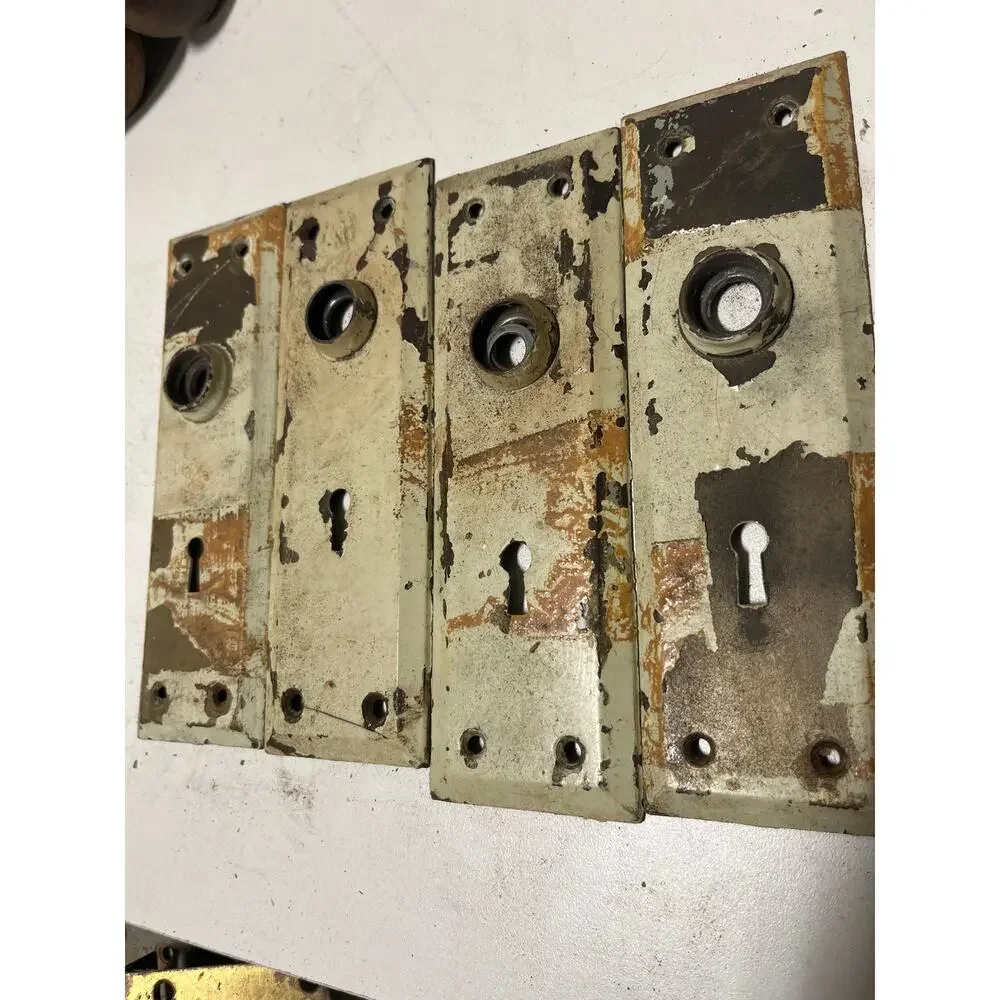 Lot of 4 Vintage Antique Cream Door Metal Backplates Escutcheon Chippy Paint